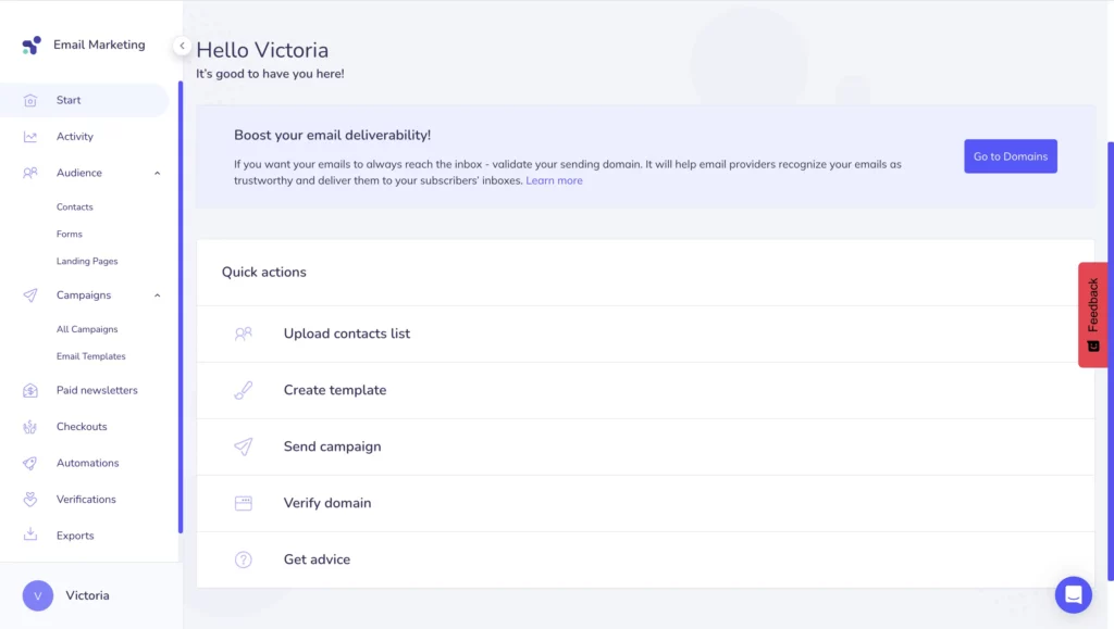 Elastic Email dashboard