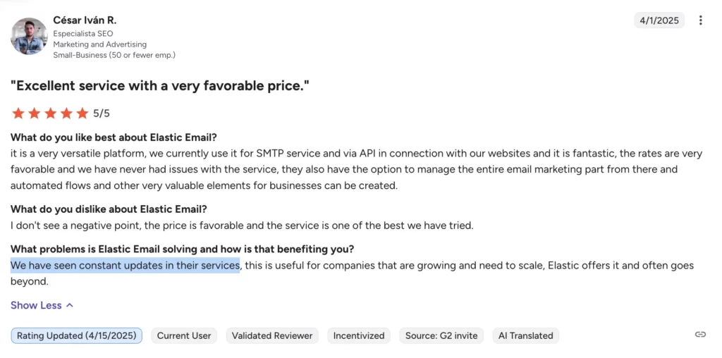 Elastic Email testimonial