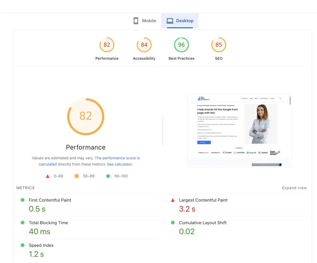 Google lighthouse report for my site