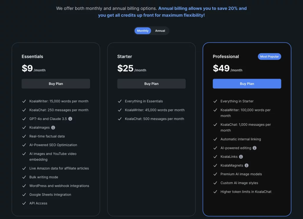Koala writing pricing 2025