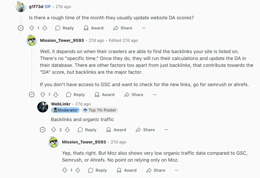 Moz user feedback on reddit