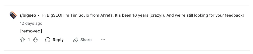 My comment about Ahrefs on reddit