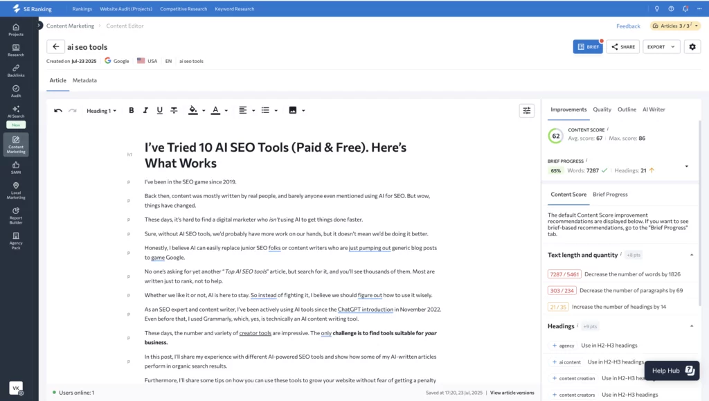 SE Ranking Content Editor