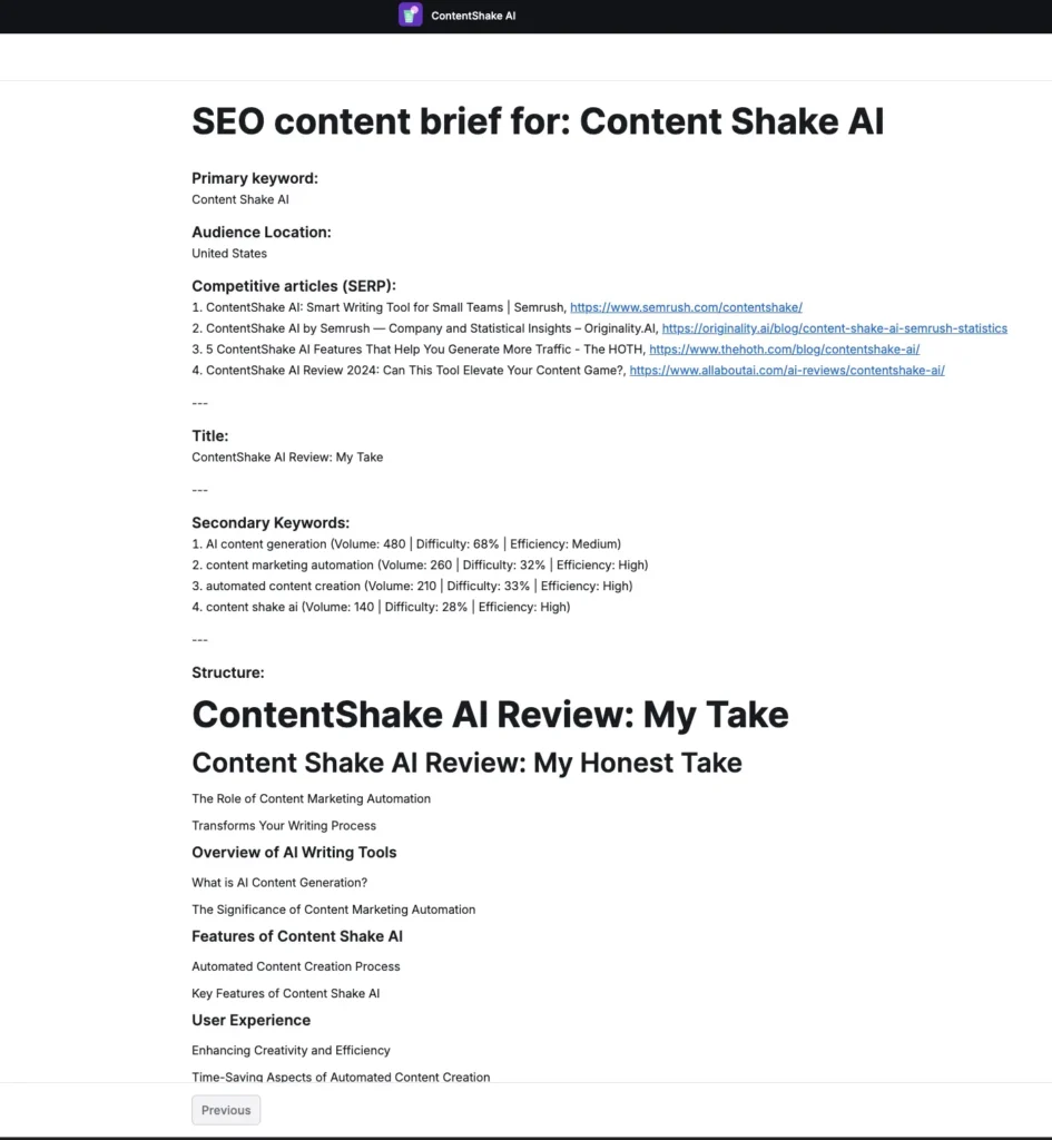SEO content brief by Content Shake AI
