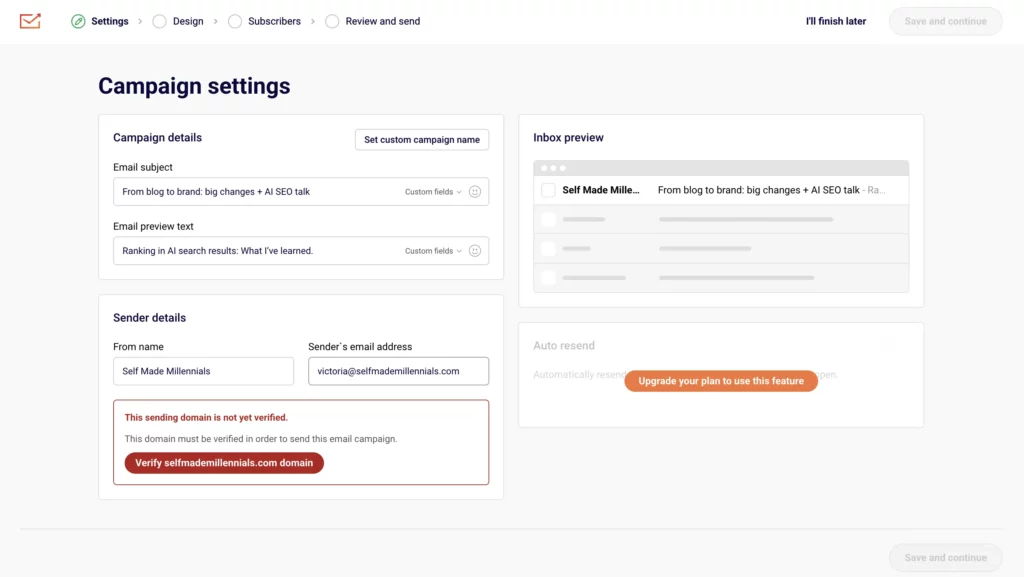 Sender campaign settings