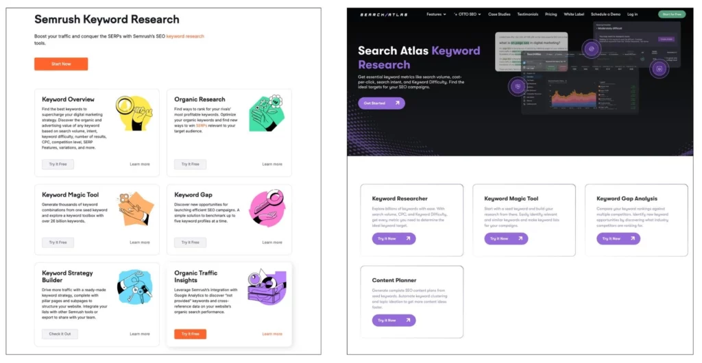 comparing Semrush and Search Atlas keyword research tools