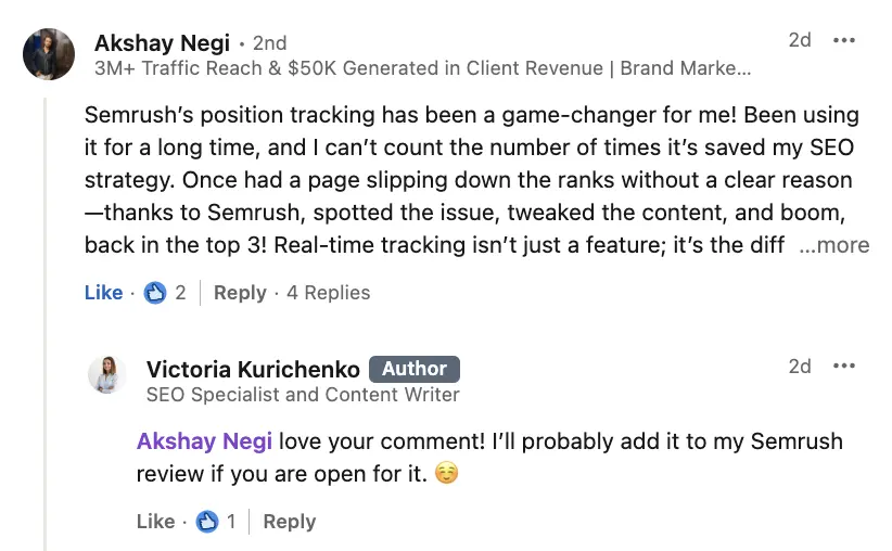 quote from Linkedin about Semrush position tracking
