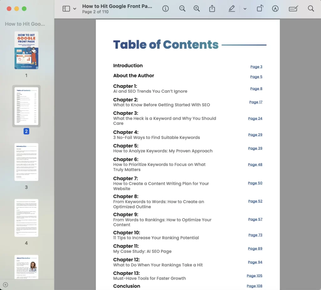 seo book table of contents