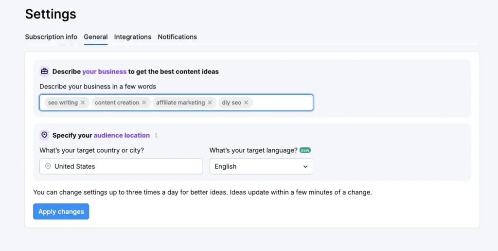 setting custom topics in Content Shake AI
