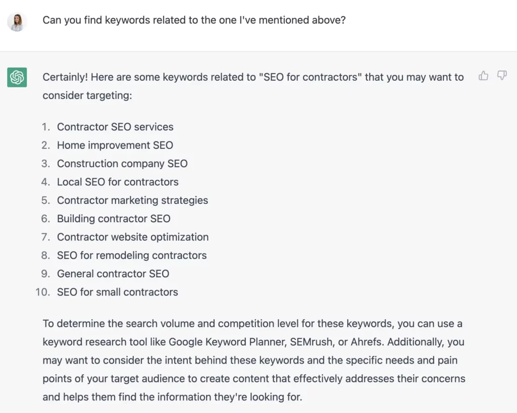 ChatGPT for seo related keywords research