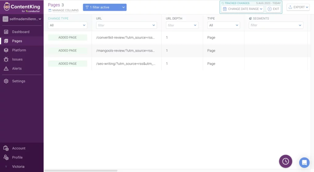 ContentKing Pages tracking