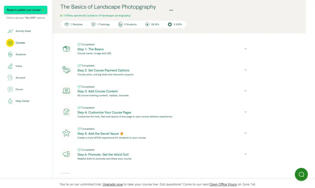 Course builder page on Xperiencify