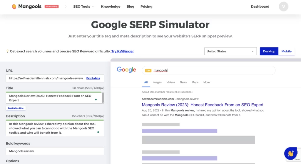 Mangools SERP simulator
