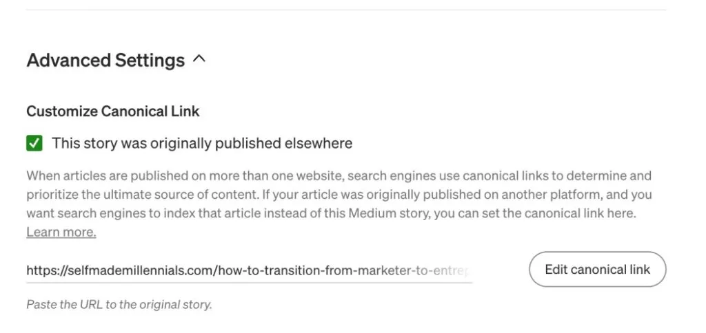 Medium SEO Canonical link