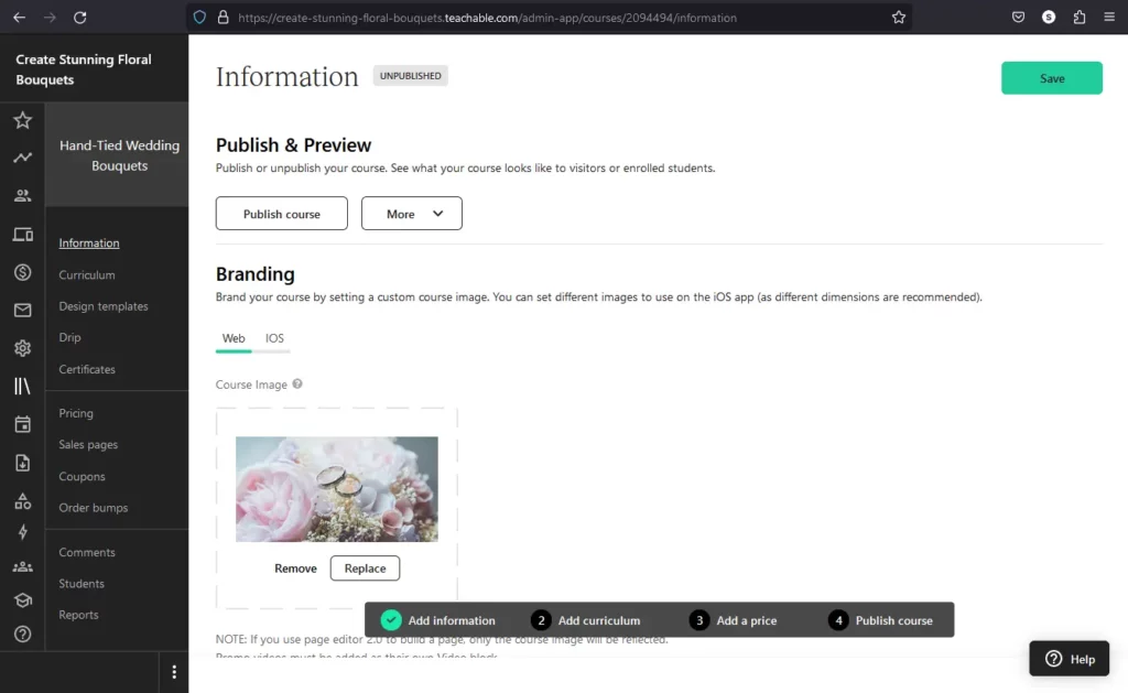 Publishing the course on Teachable