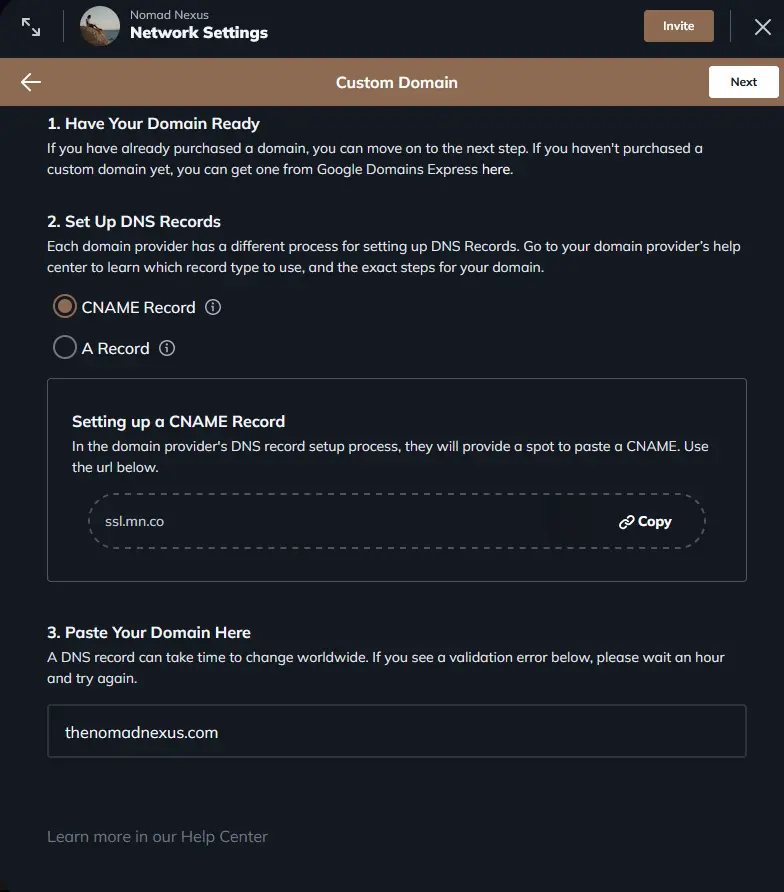 Custom domain on Mighty Networks.