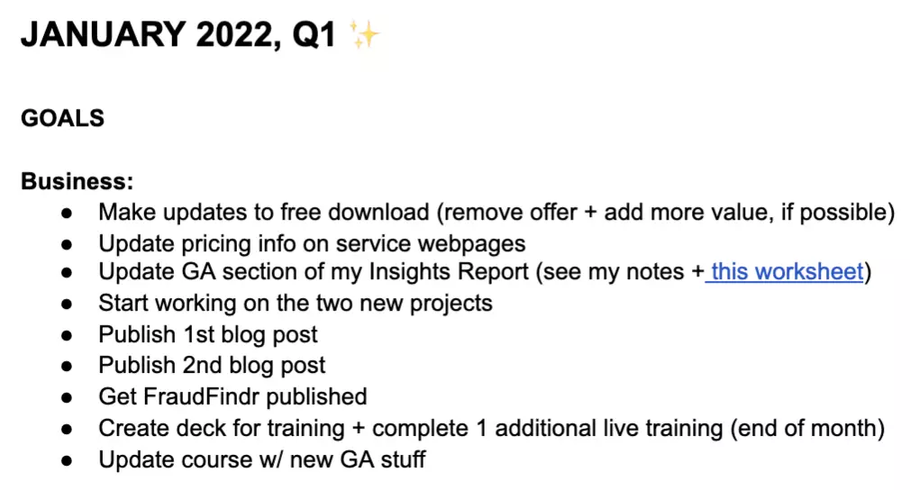 monthly business goals example