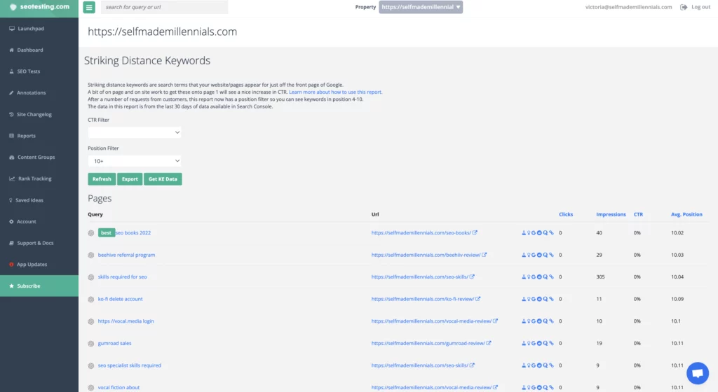 Striking Distance Keywords report
